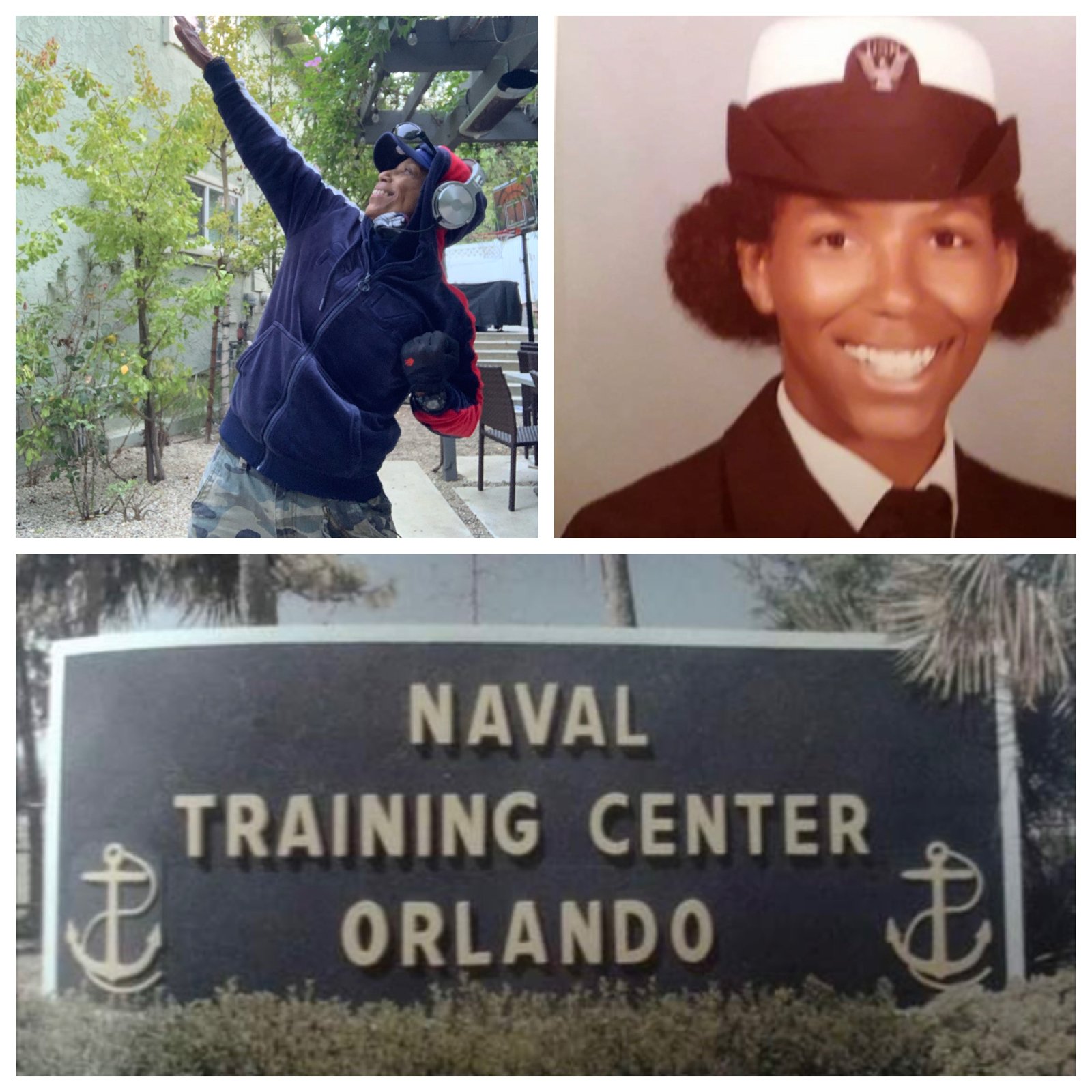 Collage of a woman striking a pose, a U.S. Navy portrait, and the Naval Training Center Orlando sign
